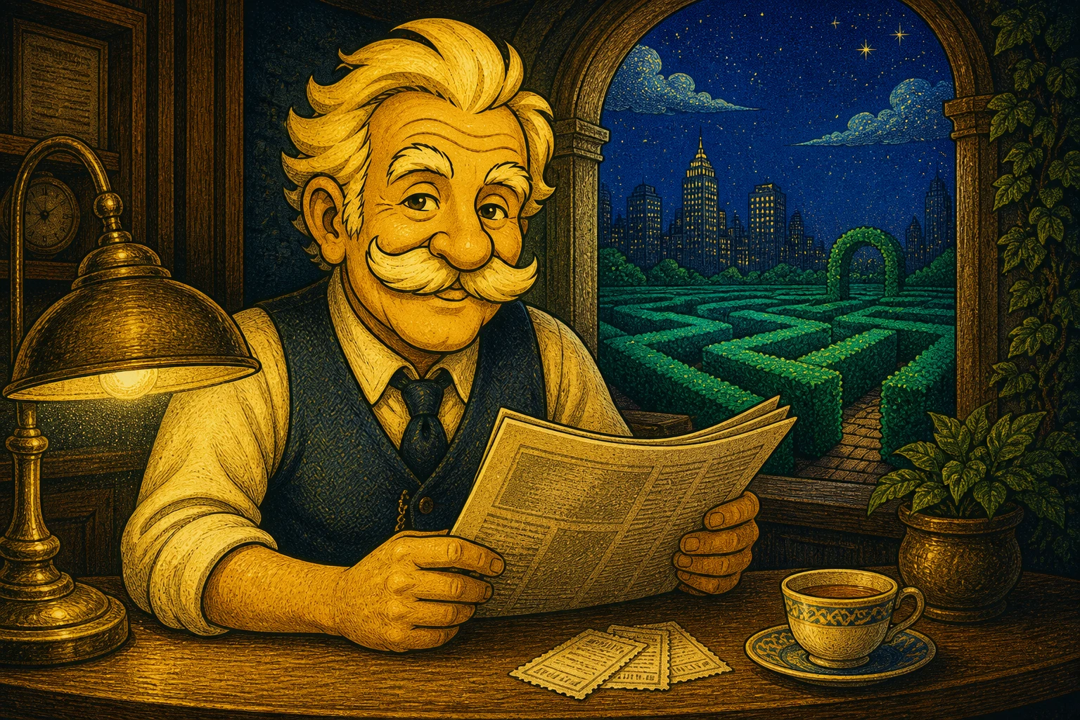 Gramps reading the evening paper at his counter, with a cup of tea and a little stack of tickets