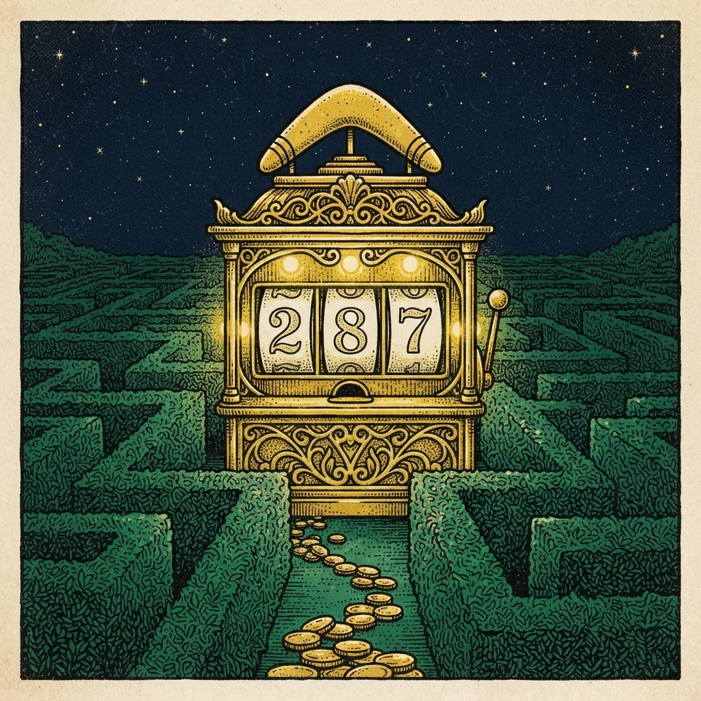 An illustrated golden numbers machine nestled in the Gramps hedge maze